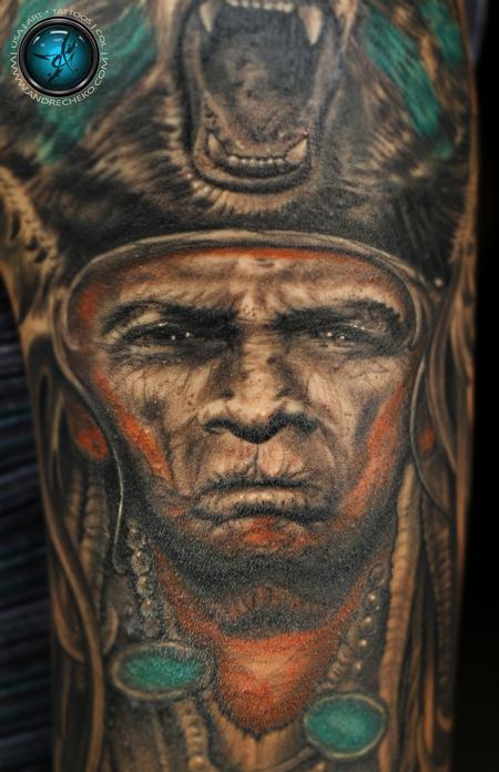 Tattoos - Indian / Native American Half sleeve Mix color tattoo close-up - 95103